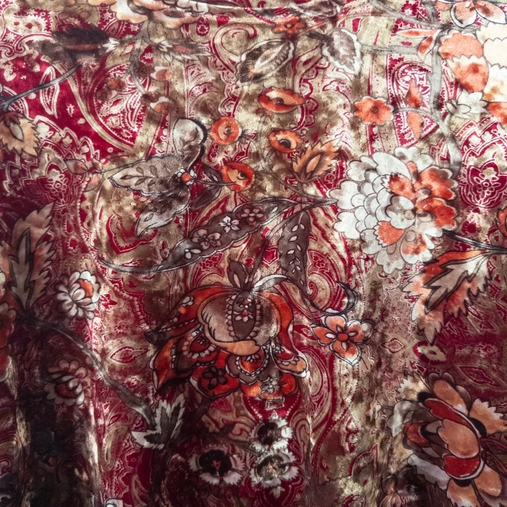 Vintage 90s Velvet Floral Top Womens L Dark Red Gold Paisley Witchy Romantic - Picture 9 of 11